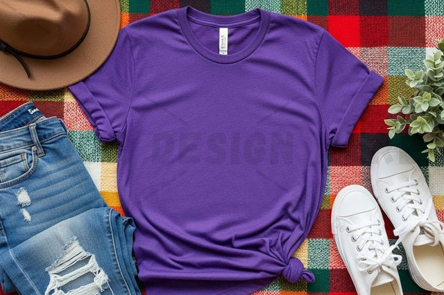Vibrant purple t-shirt mockup with casual outfit Mock Up Photo Designangry 