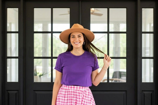 Vibrant purple t-shirt with checkered skirt and wide-brim hat Mock Up Photo Designangry 