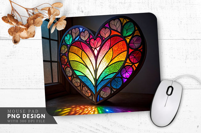 Vibrant Rainbow Stained Glass Heart Mouse Pad PNG Design Sublimation Regulrcrative 