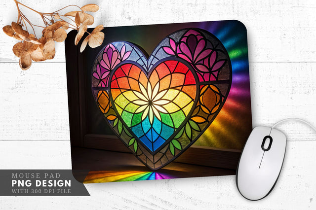 Vibrant Rainbow Stained Glass Heart Mouse Pad PNG Design Sublimation Regulrcrative 