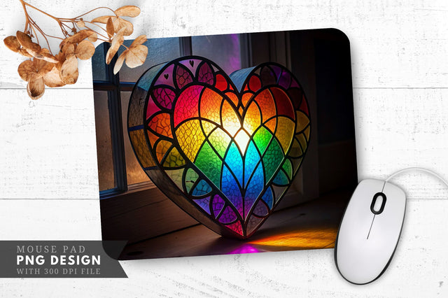 Vibrant Rainbow Stained Glass Heart Mouse Pad PNG Design Sublimation Regulrcrative 