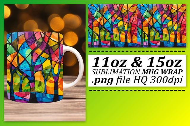 Vibrant Stained Glass Tree 11oz/15oz Mug Wrap Design Sublimation afrosvg 