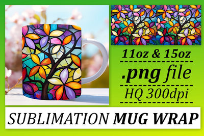 Vibrant Stained Glass Tree Mug 11oz/15oz Wrap Design Sublimation afrosvg 