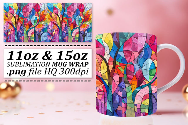 Vibrant Stained Glass Tree Mug Wrap 11oz/15oz Sublimation Sublimation afrosvg 