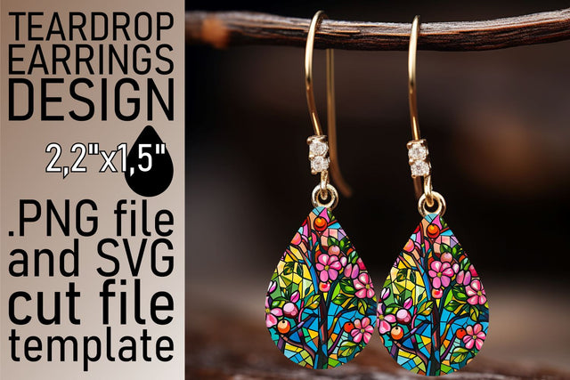 Vibrant Stained Glass Tree Teardrop Earrings Design Sublimation afrosvg 
