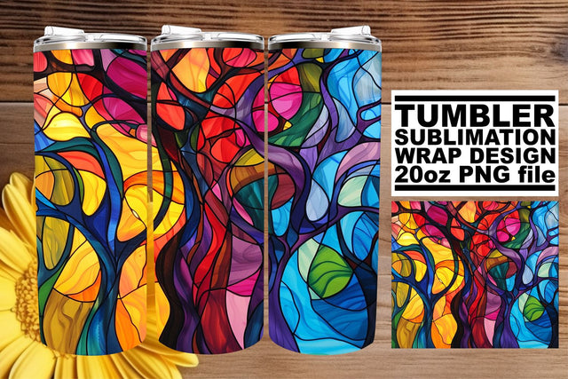 Vibrant Stained Glass Tree Tumbler 20oz Wrap Design Sublimation afrosvg 