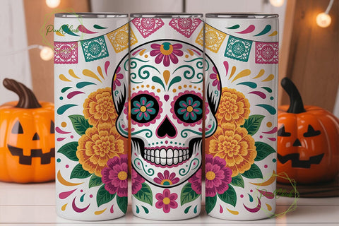 Vibrant Sugar Skull Flowers 20oz Tumbler Sublimation PixelChick 