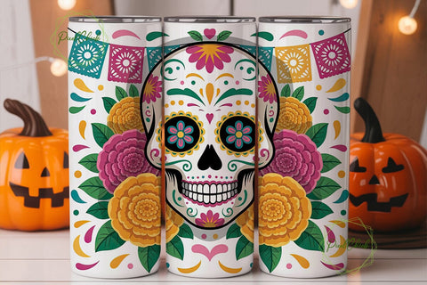 Vibrant Sugar Skull Flowers 20oz Tumbler Sublimation PixelChick 