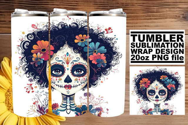 Vibrant Sugar Skull Tumbler – 20oz Watercolor Sublimation Sublimation afrosvg 