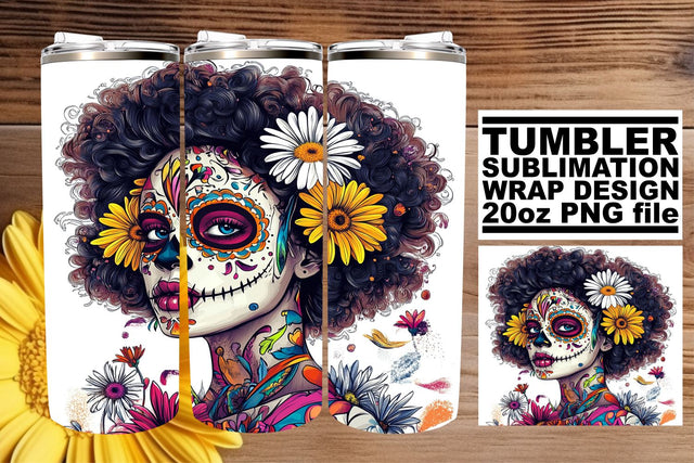 Vibrant Sugar Skull Woman Tumbler – 20oz Watercolor Sublimation afrosvg 