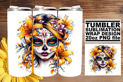 Vibrant Sugar Skull Wrap – 20oz Watercolor Tumbler Art Sublimation afrosvg 