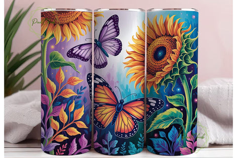 Vibrant Sunflowers Butterflies Tumbler Sublimation PixelChick 