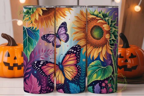 Vibrant Sunflowers Butterflies Tumbler Sublimation PixelChick 