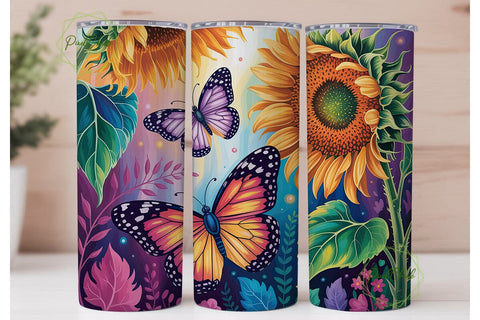 Vibrant Sunflowers Butterflies Tumbler Sublimation PixelChick 