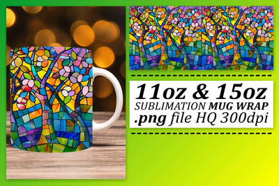 Vibrant Tree Mug Wrap 11oz/15oz Stained Glass Design Sublimation afrosvg 