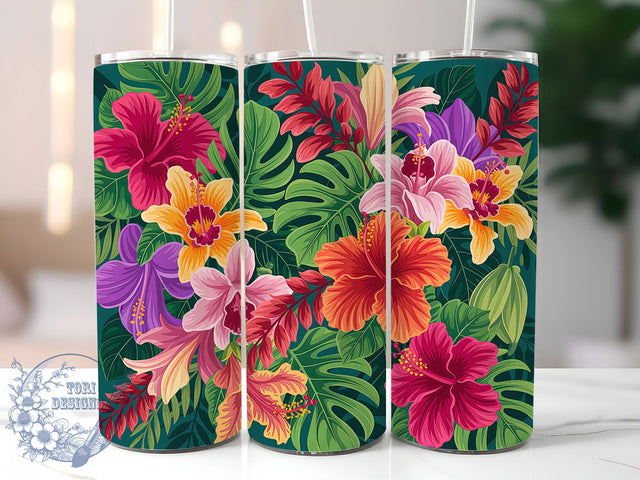 Vibrant Tropical Floral Tumbler, Floral Burst, Exotic Blooms, Vibrant Design, Botanical Art, 20Oz Tumbler, Sublimation Wrap Sublimation ToriDesigns 