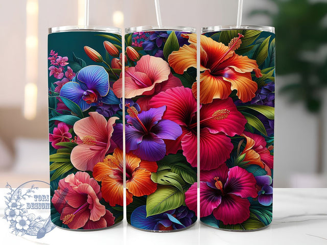 Vibrant Tropical Floral Tumbler, Floral Burst, Exotic Blooms, Vibrant Design, Botanical Art, 20Oz Tumbler, Sublimation Wrap Sublimation ToriDesigns 