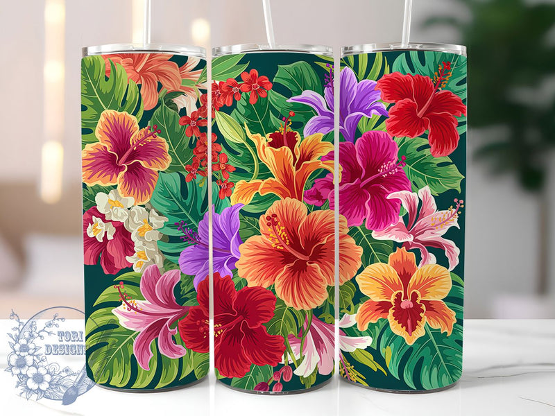 Vibrant Tropical Floral Tumbler, Floral Burst, Exotic Blooms, Vibrant Design, Botanical Art, 20Oz Tumbler, Sublimation Wrap Sublimation ToriDesigns 