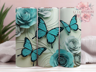 Vibrant Turquoise Floral Butterfly Tumbler, Floral Butterfly Tumbler, Vibrant Butterfly Wrap, Artistic Floral Wrap, Elegant Butterfly Wrap, Sublimation Design, Trendy Gift Idea Sublimation Li Zamperini 