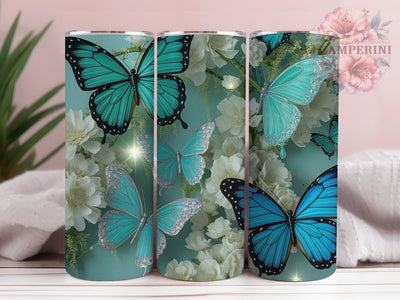Vibrant Turquoise Floral Butterfly Tumbler, Floral Butterfly Tumbler, Vibrant Butterfly Wrap, Artistic Floral Wrap, Elegant Butterfly Wrap, Sublimation Design, Trendy Gift Idea Sublimation Li Zamperini 