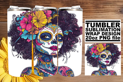 Vibrant Watercolor Day of the Dead Tumbler – 20oz Wrap Sublimation afrosvg 