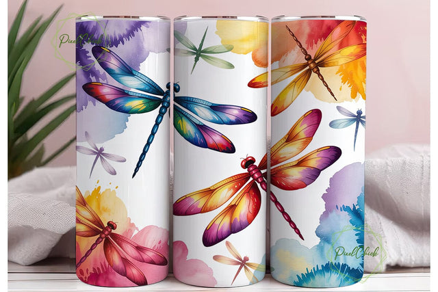 Vibrant Watercolor Dragonflies Tumbler Sublimation PixelChick 