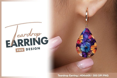 Vibrant watercolor flowers with outline teardrop earring png Sublimation Regulrcrative 