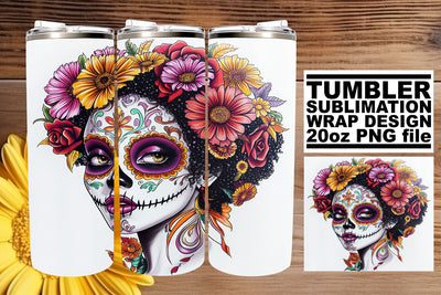 Vibrant Watercolor Skull Tumbler – 20oz Wrap Sublimation afrosvg 
