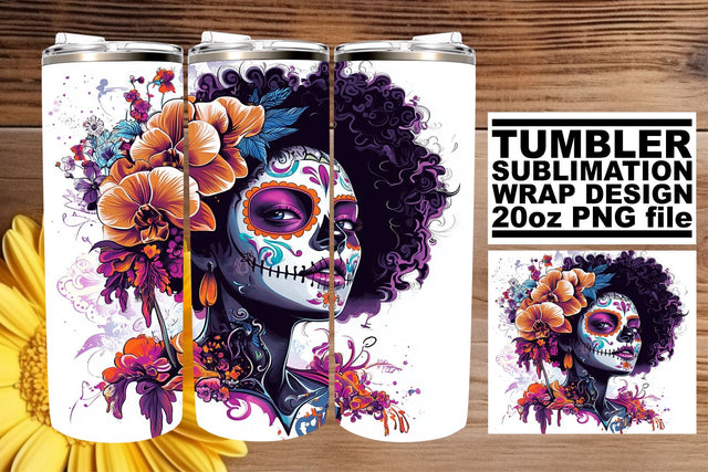 Vibrant Watercolor Skull Woman – 20oz Tumbler Art Sublimation afrosvg 