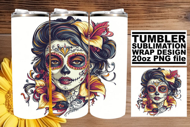 Vibrant Watercolor Sugar Skull Tumbler – 20oz Art Sublimation afrosvg 