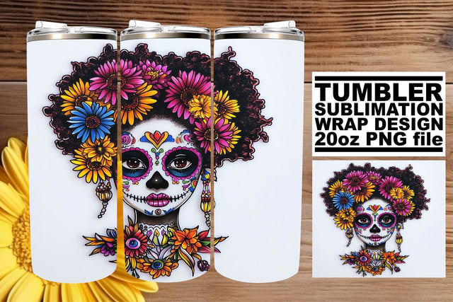 Vibrant Watercolor Sugar Skull Wrap – 20oz Tumbler Art Sublimation afrosvg 