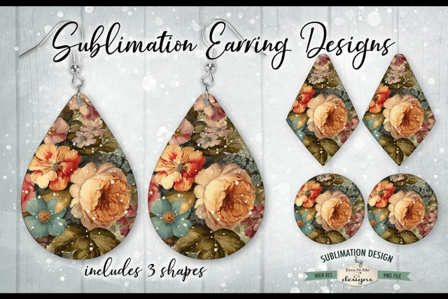 Victorian Floral Sublimation Earring Designs | 3 PNG Shapes Sublimation Ewe-N-Me Designs 