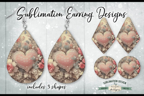 Victorian Valentine Sublimation Earring Designs | 3 PNG Shapes Sublimation Ewe-N-Me Designs 