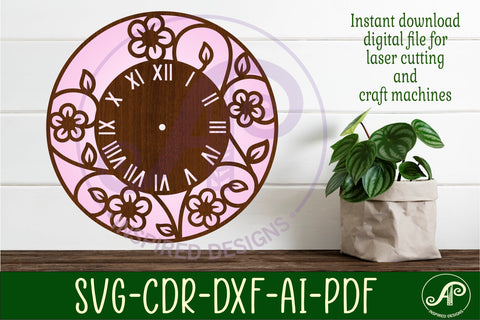 Vine flowers clock wall clock laser cut files SVG APInspireddesigns 