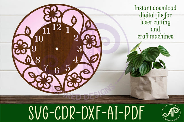 Vine flowers clock wall clock laser cut files SVG APInspireddesigns 