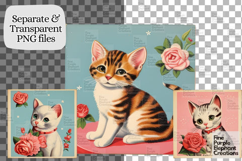 Vintage 1950s Cat Valentine's Day PNG Junk Journal Ephemera Clipart Sublimation Fine Purple Elephant Creations 