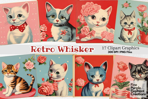 Vintage 1950s Cat Valentine's Day PNG Junk Journal Ephemera Clipart Sublimation Fine Purple Elephant Creations 