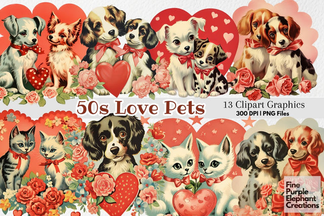 Vintage 1950s Dog Cat Valentine's Day PNG Junk Journal Ephemera Clipart Sublimation Fine Purple Elephant Creations 