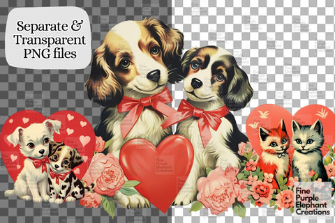 Vintage 1950s Dog Cat Valentine's Day PNG Junk Journal Ephemera Clipart Sublimation Fine Purple Elephant Creations 