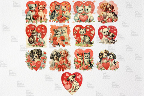 Vintage 1950s Dog Cat Valentine's Day PNG Junk Journal Ephemera Clipart Sublimation Fine Purple Elephant Creations 