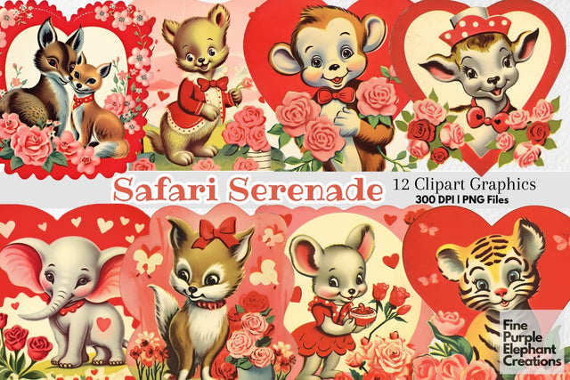 Vintage 1950s Zoo Animals Valentine's Day PNG Junk Journal Ephemera Clipart Sublimation Fine Purple Elephant Creations 