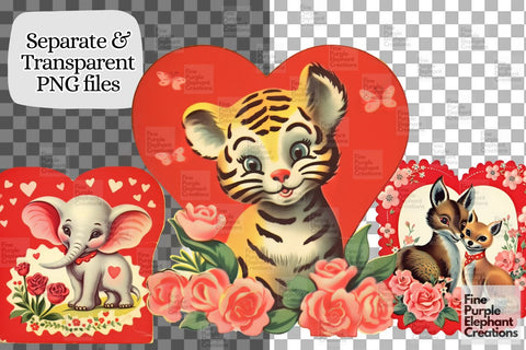 Vintage 1950s Zoo Animals Valentine's Day PNG Junk Journal Ephemera Clipart Sublimation Fine Purple Elephant Creations 