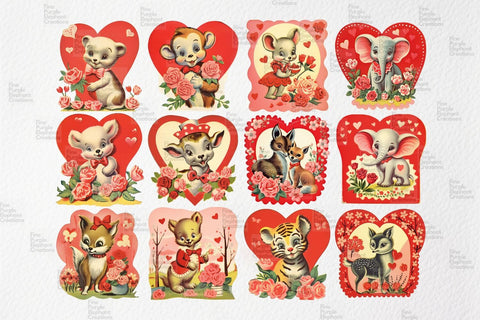Vintage 1950s Zoo Animals Valentine's Day PNG Junk Journal Ephemera Clipart Sublimation Fine Purple Elephant Creations 