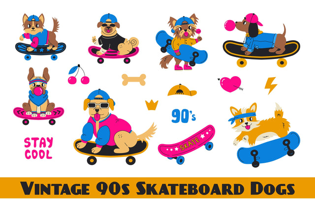 Vintage 90s Skateboard Dogs PNG Clipart Sublimation Rin Green 