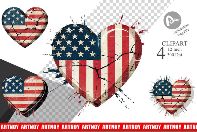 Vintage American Flag Heart Clipart Sublimation artnoy 