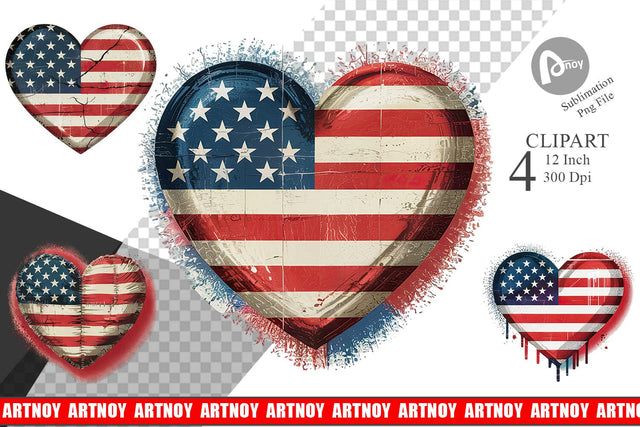 Vintage American Flag Heart Clipart Sublimation artnoy 