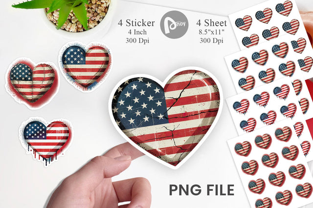 Vintage American Flag Heart Sticker Sublimation artnoy 