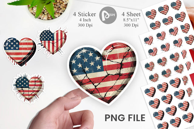 Vintage American Flag Heart Sticker Sublimation artnoy 