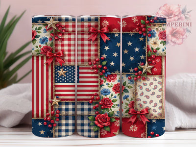 Vintage Americana Quilt Bows 20oz Tumbler, Americana Quilt, Vintage Bows, Patriotic Theme, Sublimation Wrap, 20oz Tumbler, Rustic Aesthetic, Heritage Charm Sublimation Li Zamperini 