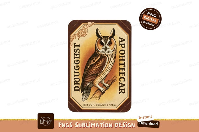 Vintage Apothecary Owl Illustration bird perched Sublimation Designangry 